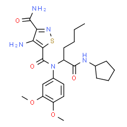 ChemSpider 2D Image | 4-Amino-N~5~-[1-(cyclopentylamino)-1-oxo-2-hexanyl]-N~5~-(3,4-dimethoxyphenyl)-1,2-thiazole-3,5-dicarboxamide | C24H33N5O5S
