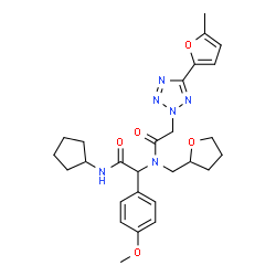 ChemSpider 2D Image | N-[2-(Cyclopentylamino)-1-(4-methoxyphenyl)-2-oxoethyl]-2-[5-(5-methyl-2-furyl)-2H-tetrazol-2-yl]-N-(tetrahydro-2-furanylmethyl)acetamide | C27H34N6O5