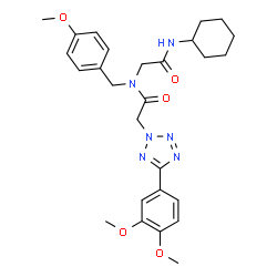 ChemSpider 2D Image | N-Cyclohexyl-N~2~-{[5-(3,4-dimethoxyphenyl)-2H-tetrazol-2-yl]acetyl}-N~2~-(4-methoxybenzyl)glycinamide | C27H34N6O5