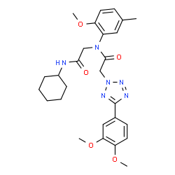 ChemSpider 2D Image | N-Cyclohexyl-N~2~-{[5-(3,4-dimethoxyphenyl)-2H-tetrazol-2-yl]acetyl}-N~2~-(2-methoxy-5-methylphenyl)glycinamide | C27H34N6O5
