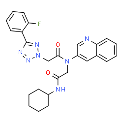 ChemSpider 2D Image | N-Cyclohexyl-N~2~-{[5-(2-fluorophenyl)-2H-tetrazol-2-yl]acetyl}-N~2~-3-quinolinylglycinamide | C26H26FN7O2