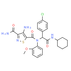ChemSpider 2D Image | 4-Amino-N~5~-[1-(4-chlorophenyl)-2-(cyclohexylamino)-2-oxoethyl]-N~5~-(2-methoxyphenyl)-1,2-thiazole-3,5-dicarboxamide | C26H28ClN5O4S