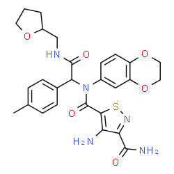 ChemSpider 2D Image | 4-Amino-N~5~-(2,3-dihydro-1,4-benzodioxin-6-yl)-N~5~-{1-(4-methylphenyl)-2-oxo-2-[(tetrahydro-2-furanylmethyl)amino]ethyl}-1,2-thiazole-3,5-dicarboxamide | C27H29N5O6S