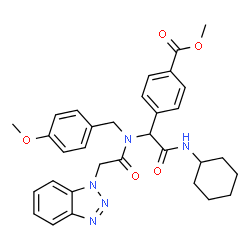ChemSpider 2D Image | Methyl 4-{1-[(1H-benzotriazol-1-ylacetyl)(4-methoxybenzyl)amino]-2-(cyclohexylamino)-2-oxoethyl}benzoate | C32H35N5O5