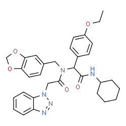 ChemSpider 2D Image | N-(1,3-Benzodioxol-5-ylmethyl)-2-(1H-benzotriazol-1-yl)-N-[2-(cyclohexylamino)-1-(4-ethoxyphenyl)-2-oxoethyl]acetamide | C32H35N5O5