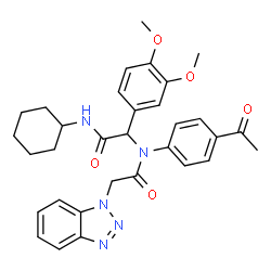 ChemSpider 2D Image | N-(4-Acetylphenyl)-2-(1H-benzotriazol-1-yl)-N-[2-(cyclohexylamino)-1-(3,4-dimethoxyphenyl)-2-oxoethyl]acetamide | C32H35N5O5
