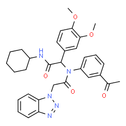 ChemSpider 2D Image | N-(3-Acetylphenyl)-2-(1H-benzotriazol-1-yl)-N-[2-(cyclohexylamino)-1-(3,4-dimethoxyphenyl)-2-oxoethyl]acetamide | C32H35N5O5