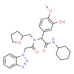 ChemSpider 2D Image | 2-(1H-Benzotriazol-1-yl)-N-[2-(cyclohexylamino)-1-(3-hydroxy-4-methoxyphenyl)-2-oxoethyl]-N-(tetrahydro-2-furanylmethyl)acetamide | C28H35N5O5