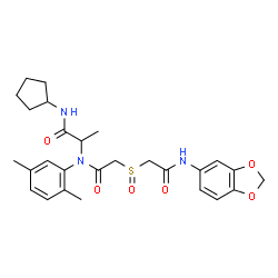 ChemSpider 2D Image | N~2~-({[2-(1,3-Benzodioxol-5-ylamino)-2-oxoethyl]sulfinyl}acetyl)-N-cyclopentyl-N~2~-(2,5-dimethylphenyl)alaninamide | C27H33N3O6S