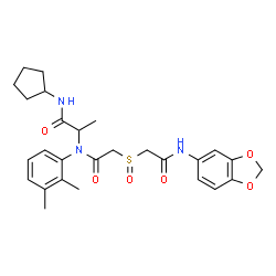 ChemSpider 2D Image | N~2~-({[2-(1,3-Benzodioxol-5-ylamino)-2-oxoethyl]sulfinyl}acetyl)-N-cyclopentyl-N~2~-(2,3-dimethylphenyl)alaninamide | C27H33N3O6S