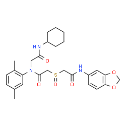 ChemSpider 2D Image | N~2~-({[2-(1,3-Benzodioxol-5-ylamino)-2-oxoethyl]sulfinyl}acetyl)-N-cyclohexyl-N~2~-(2,5-dimethylphenyl)glycinamide | C27H33N3O6S