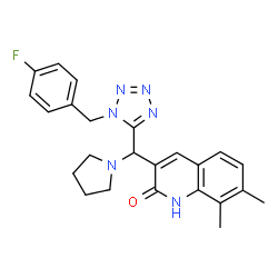 ChemSpider 2D Image | 3-{[1-(4-Fluorobenzyl)-1H-tetrazol-5-yl](1-pyrrolidinyl)methyl}-7,8-dimethyl-2(1H)-quinolinone | C24H25FN6O