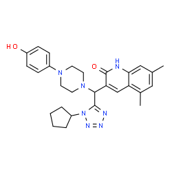 ChemSpider 2D Image | 3-{(1-Cyclopentyl-1H-tetrazol-5-yl)[4-(4-hydroxyphenyl)-1-piperazinyl]methyl}-5,7-dimethyl-2(1H)-quinolinone | C28H33N7O2