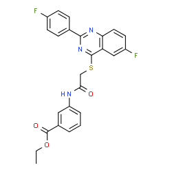 ChemSpider 2D Image | Ethyl 3-[({[6-fluoro-2-(4-fluorophenyl)-4-quinazolinyl]sulfanyl}acetyl)amino]benzoate | C25H19F2N3O3S