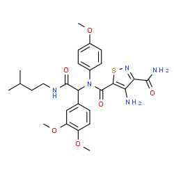 ChemSpider 2D Image | 4-Amino-N~5~-{1-(3,4-dimethoxyphenyl)-2-[(3-methylbutyl)amino]-2-oxoethyl}-N~5~-(4-methoxyphenyl)-1,2-thiazole-3,5-dicarboxamide | C27H33N5O6S
