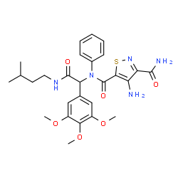 ChemSpider 2D Image | 4-Amino-N~5~-{2-[(3-methylbutyl)amino]-2-oxo-1-(3,4,5-trimethoxyphenyl)ethyl}-N~5~-phenyl-1,2-thiazole-3,5-dicarboxamide | C27H33N5O6S