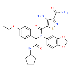 ChemSpider 2D Image | 4-Amino-N~5~-(1,3-benzodioxol-5-yl)-N~5~-[2-(cyclopentylamino)-1-(4-ethoxyphenyl)-2-oxoethyl]-1,2-thiazole-3,5-dicarboxamide | C27H29N5O6S