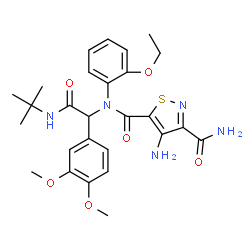 ChemSpider 2D Image | 4-Amino-N~5~-{1-(3,4-dimethoxyphenyl)-2-[(2-methyl-2-propanyl)amino]-2-oxoethyl}-N~5~-(2-ethoxyphenyl)-1,2-thiazole-3,5-dicarboxamide | C27H33N5O6S