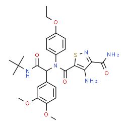 ChemSpider 2D Image | 4-Amino-N~5~-{1-(3,4-dimethoxyphenyl)-2-[(2-methyl-2-propanyl)amino]-2-oxoethyl}-N~5~-(4-ethoxyphenyl)-1,2-thiazole-3,5-dicarboxamide | C27H33N5O6S