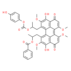 ChemSpider 2D Image | 1-[3,10-Dihydroxy-12-(2-{[(4-hydroxyphenoxy)carbonyl]oxy}propyl)-2,6,7,11-tetramethoxy-4,9-dioxo-4,9-dihydro-1-perylenyl]-2-propanyl benzoate | C44H38O14
