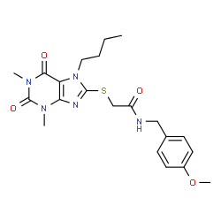 ChemSpider 2D Image | 2-[(7-Butyl-1,3-dimethyl-2,6-dioxo-2,3,6,7-tetrahydro-1H-purin-8-yl)sulfanyl]-N-(4-methoxybenzyl)acetamide | C21H27N5O4S