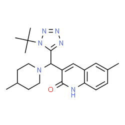 ChemSpider 2D Image | 6-Methyl-3-{(4-methyl-1-piperidinyl)[1-(2-methyl-2-propanyl)-1H-tetrazol-5-yl]methyl}-2(1H)-quinolinone | C22H30N6O