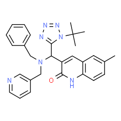 ChemSpider 2D Image | 3-{[Benzyl(3-pyridinylmethyl)amino][1-(2-methyl-2-propanyl)-1H-tetrazol-5-yl]methyl}-6-methyl-2(1H)-quinolinone | C29H31N7O