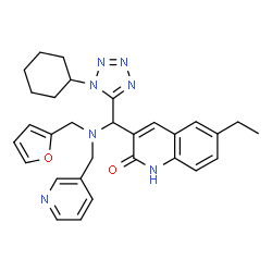 ChemSpider 2D Image | 3-{(1-Cyclohexyl-1H-tetrazol-5-yl)[(2-furylmethyl)(3-pyridinylmethyl)amino]methyl}-6-ethyl-2(1H)-quinolinone | C30H33N7O2