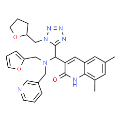ChemSpider 2D Image | 3-{[(2-Furylmethyl)(3-pyridinylmethyl)amino][1-(tetrahydro-2-furanylmethyl)-1H-tetrazol-5-yl]methyl}-6,8-dimethyl-2(1H)-quinolinone | C29H31N7O3