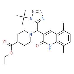 ChemSpider 2D Image | Ethyl 1-{(5,8-dimethyl-2-oxo-1,2-dihydro-3-quinolinyl)[1-(2-methyl-2-propanyl)-1H-tetrazol-5-yl]methyl}-4-piperidinecarboxylate | C25H34N6O3