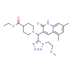 ChemSpider 2D Image | Ethyl 1-{(5,7-dimethyl-2-oxo-1,2-dihydro-3-quinolinyl)[1-(2-methoxyethyl)-1H-tetrazol-5-yl]methyl}-4-piperidinecarboxylate | C24H32N6O4