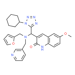ChemSpider 2D Image | 3-{(1-Cyclohexyl-1H-tetrazol-5-yl)[(2-furylmethyl)(3-pyridinylmethyl)amino]methyl}-6-methoxy-2(1H)-quinolinone | C29H31N7O3