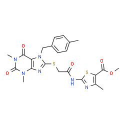 ChemSpider 2D Image | Methyl 2-[({[1,3-dimethyl-7-(4-methylbenzyl)-2,6-dioxo-2,3,6,7-tetrahydro-1H-purin-8-yl]sulfanyl}acetyl)amino]-4-methyl-1,3-thiazole-5-carboxylate | C23H24N6O5S2