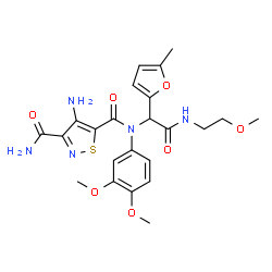 ChemSpider 2D Image | 4-Amino-N~5~-(3,4-dimethoxyphenyl)-N~5~-{2-[(2-methoxyethyl)amino]-1-(5-methyl-2-furyl)-2-oxoethyl}-1,2-thiazole-3,5-dicarboxamide | C23H27N5O7S