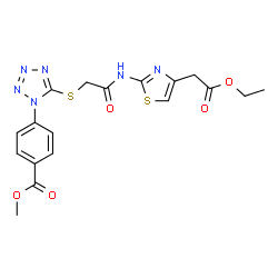 ChemSpider 2D Image | Methyl 4-{5-[(2-{[4-(2-ethoxy-2-oxoethyl)-1,3-thiazol-2-yl]amino}-2-oxoethyl)sulfanyl]-1H-tetrazol-1-yl}benzoate | C18H18N6O5S2