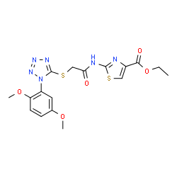 ChemSpider 2D Image | Ethyl 2-[({[1-(2,5-dimethoxyphenyl)-1H-tetrazol-5-yl]sulfanyl}acetyl)amino]-1,3-thiazole-4-carboxylate | C17H18N6O5S2