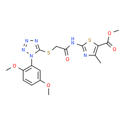 ChemSpider 2D Image | Methyl 2-[({[1-(2,5-dimethoxyphenyl)-1H-tetrazol-5-yl]sulfanyl}acetyl)amino]-4-methyl-1,3-thiazole-5-carboxylate | C17H18N6O5S2