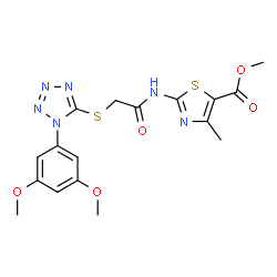 ChemSpider 2D Image | Methyl 2-[({[1-(3,5-dimethoxyphenyl)-1H-tetrazol-5-yl]sulfanyl}acetyl)amino]-4-methyl-1,3-thiazole-5-carboxylate | C17H18N6O5S2