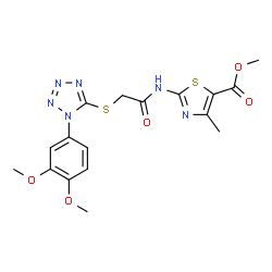 ChemSpider 2D Image | Methyl 2-[({[1-(3,4-dimethoxyphenyl)-1H-tetrazol-5-yl]sulfanyl}acetyl)amino]-4-methyl-1,3-thiazole-5-carboxylate | C17H18N6O5S2