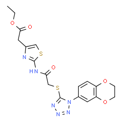 ChemSpider 2D Image | Ethyl {2-[({[1-(2,3-dihydro-1,4-benzodioxin-6-yl)-1H-tetrazol-5-yl]sulfanyl}acetyl)amino]-1,3-thiazol-4-yl}acetate | C18H18N6O5S2