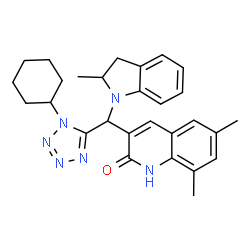 ChemSpider 2D Image | 3-[(1-Cyclohexyl-1H-tetrazol-5-yl)(2-methyl-2,3-dihydro-1H-indol-1-yl)methyl]-6,8-dimethyl-2(1H)-quinolinone | C28H32N6O