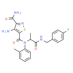 ChemSpider 2D Image | 4-Amino-N~5~-{1-[(4-fluorobenzyl)amino]-1-oxo-2-propanyl}-N~5~-(2-methylphenyl)-1,2-thiazole-3,5-dicarboxamide | C22H22FN5O3S