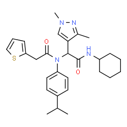 ChemSpider 2D Image | N-[2-(Cyclohexylamino)-1-(1,3-dimethyl-1H-pyrazol-4-yl)-2-oxoethyl]-N-(4-isopropylphenyl)-2-(2-thienyl)acetamide | C28H36N4O2S