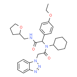 ChemSpider 2D Image | 2-(1H-Benzotriazol-1-yl)-N-cyclohexyl-N-{1-(4-ethoxyphenyl)-2-oxo-2-[(tetrahydro-2-furanylmethyl)amino]ethyl}acetamide | C29H37N5O4