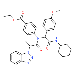 ChemSpider 2D Image | Ethyl 4-{[2-(1H-benzotriazol-1-yl)propanoyl][2-(cyclohexylamino)-1-(4-methoxyphenyl)-2-oxoethyl]amino}benzoate | C33H37N5O5