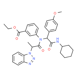ChemSpider 2D Image | Ethyl 3-{[2-(1H-benzotriazol-1-yl)propanoyl][2-(cyclohexylamino)-1-(4-methoxyphenyl)-2-oxoethyl]amino}benzoate | C33H37N5O5
