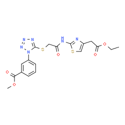 ChemSpider 2D Image | Methyl 3-{5-[(2-{[4-(2-ethoxy-2-oxoethyl)-1,3-thiazol-2-yl]amino}-2-oxoethyl)sulfanyl]-1H-tetrazol-1-yl}benzoate | C18H18N6O5S2