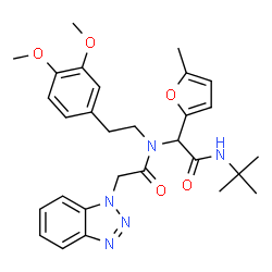 ChemSpider 2D Image | 2-(1H-Benzotriazol-1-yl)-N-[2-(3,4-dimethoxyphenyl)ethyl]-N-{1-(5-methyl-2-furyl)-2-[(2-methyl-2-propanyl)amino]-2-oxoethyl}acetamide | C29H35N5O5
