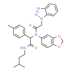ChemSpider 2D Image | N-(1,3-Benzodioxol-5-yl)-2-(1H-benzotriazol-1-yl)-N-{2-[(3-methylbutyl)amino]-1-(4-methylphenyl)-2-oxoethyl}acetamide | C29H31N5O4