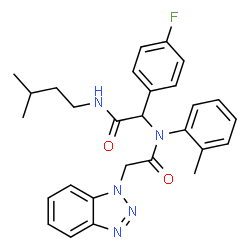ChemSpider 2D Image | 2-(1H-Benzotriazol-1-yl)-N-{1-(4-fluorophenyl)-2-[(3-methylbutyl)amino]-2-oxoethyl}-N-(2-methylphenyl)acetamide | C28H30FN5O2